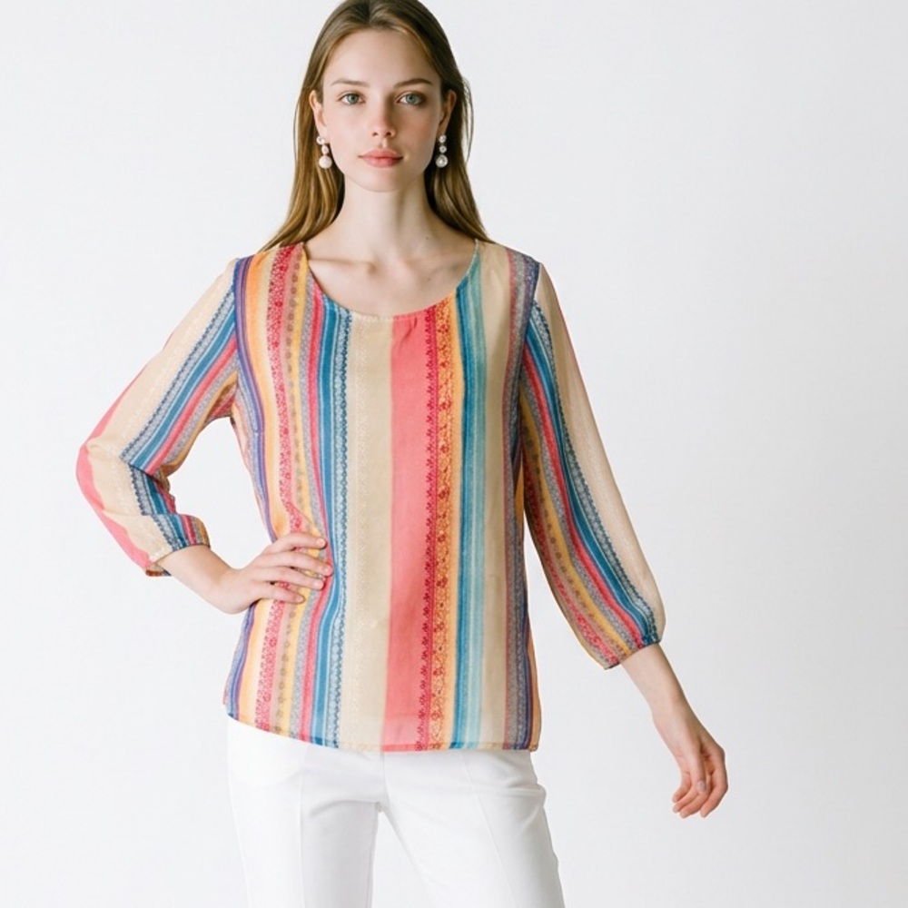 Stetson Multicolor Striped Semi-Sheer Blouse•Size L LTOP067